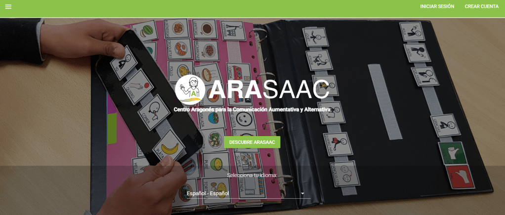Captura de pantalla del sitio web ARASAAC con pictogramas y recursos visuales para la comunicación aumentativa.