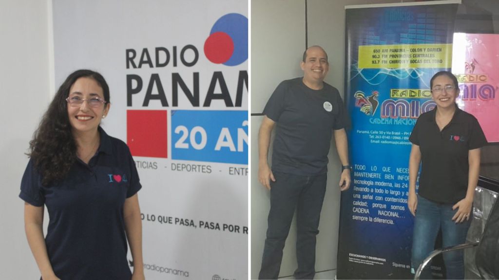 Collage con fotos de la participación de Integra Vidas en Radio Panamá 94.5 FM y Radio Mia 650 AM, promoviendo la inclusión y las terapias para niños.