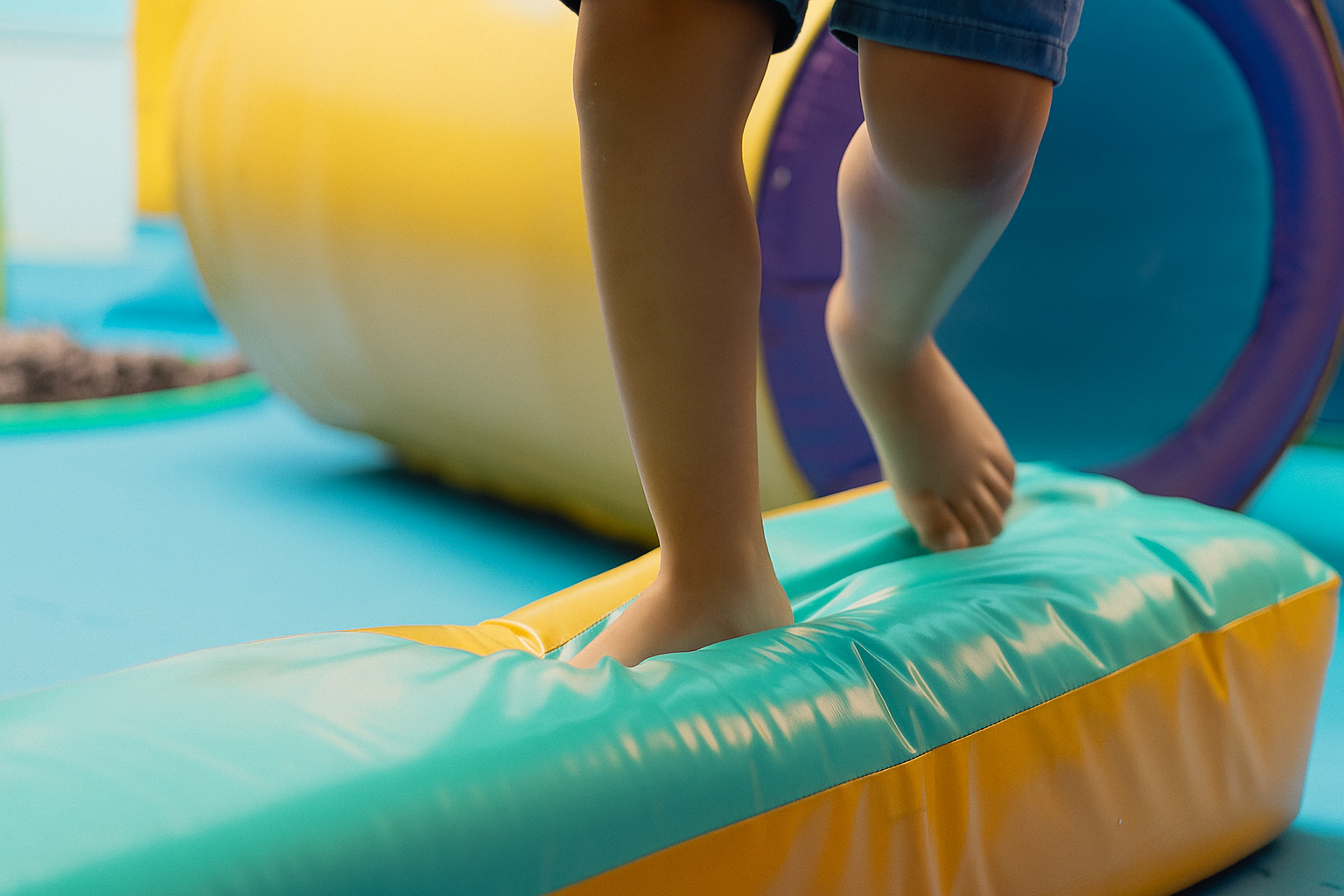 Niño descalzo caminando sobre una superficie inflable en el gimnasio de integración sensorial de Integra Vidas