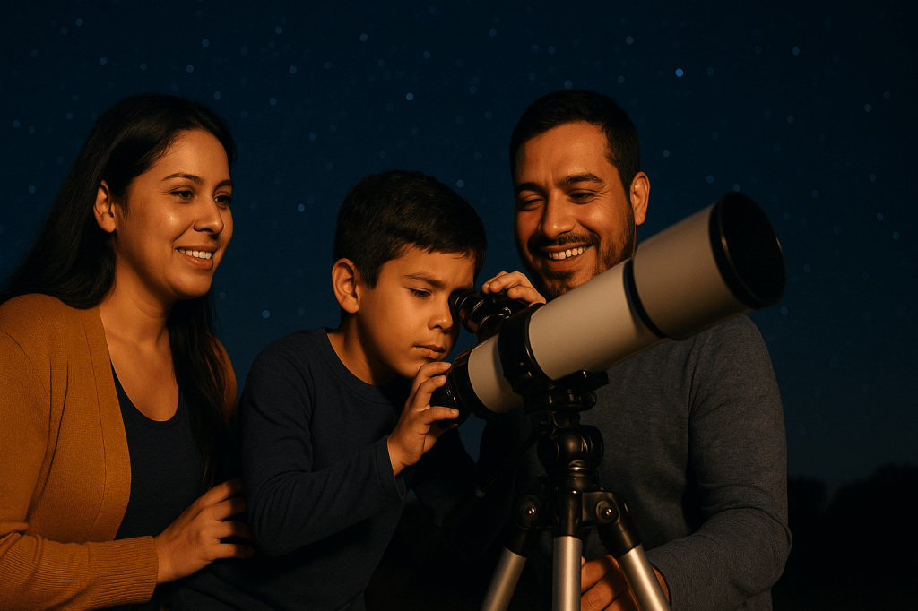 Familia con su hijo mirando las estrellas por un telescopio en una noche de astronomía educativa.