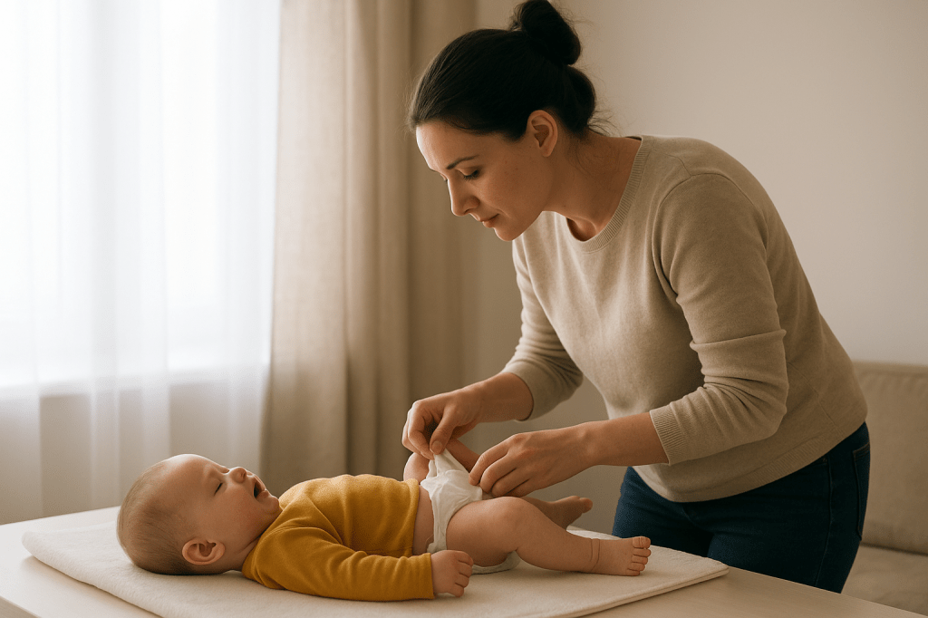 Madre cambiando el pañal de su bebé en casa, práctica de higiene importante para prevenir contagios como el virus de boca, manos y pies.