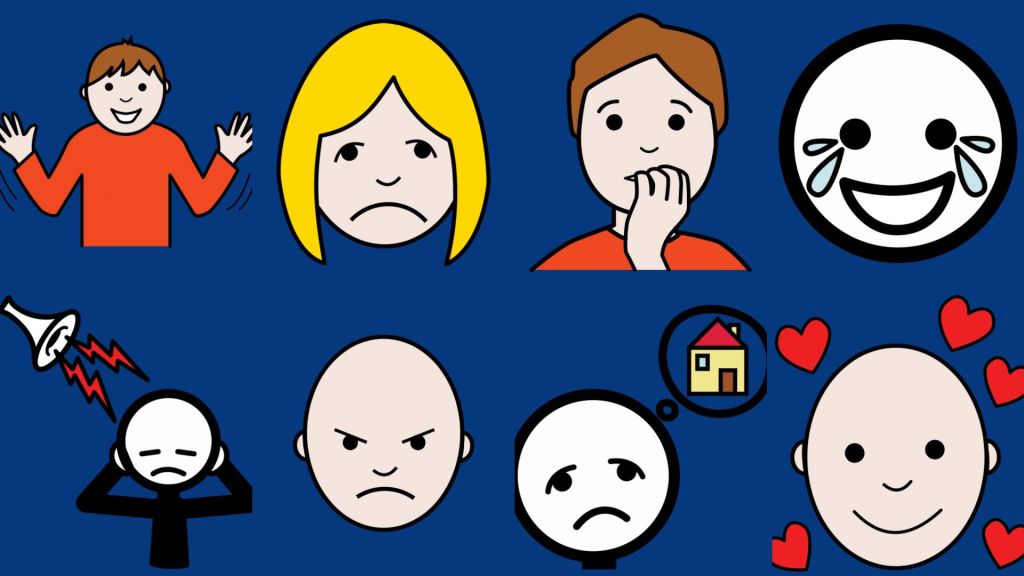 Ocho pictogramas de ARASAAC que representan emociones como alegría, tristeza, enojo, miedo.