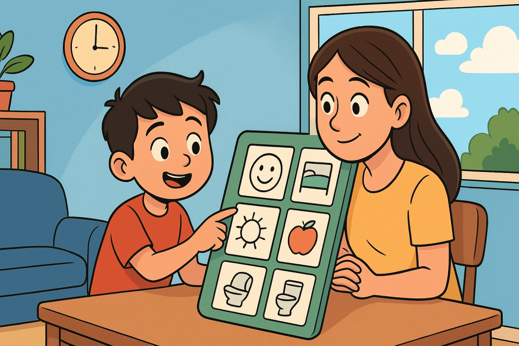 Ilustración estilo cómic de un niño y su mamá usando un tablero de pictogramas durante las vacaciones escolares