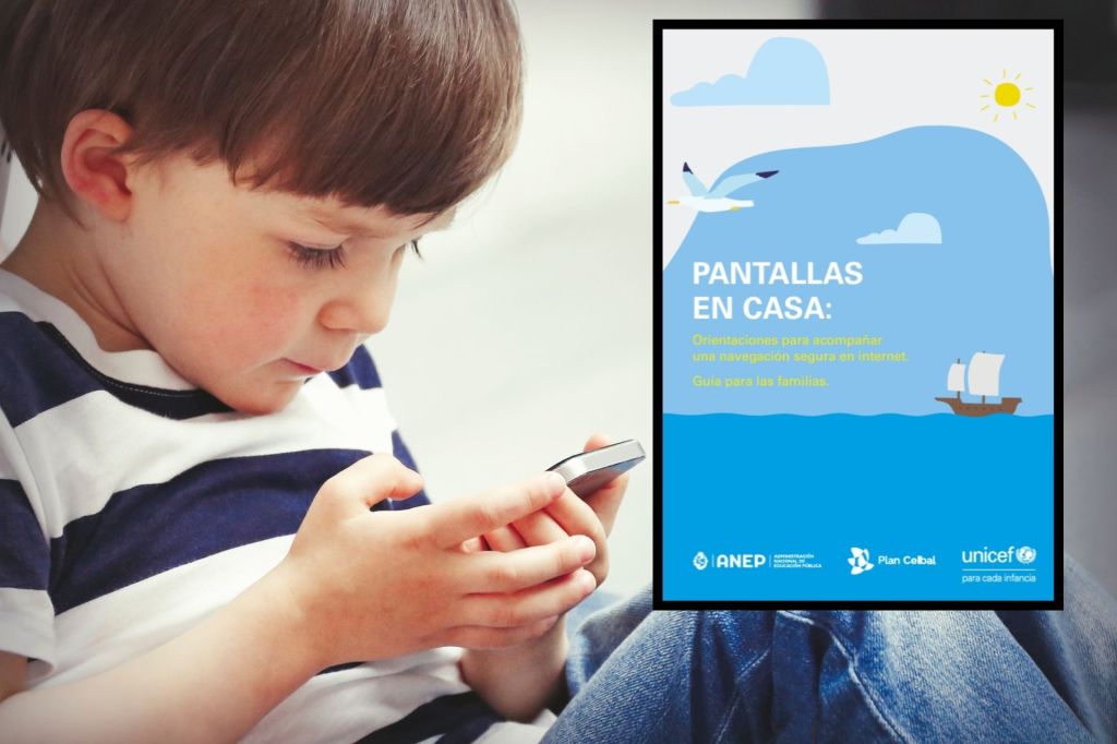 Niño utilizando un teléfono celular con la portada del eBook “Pantallas en casa” de UNICEF