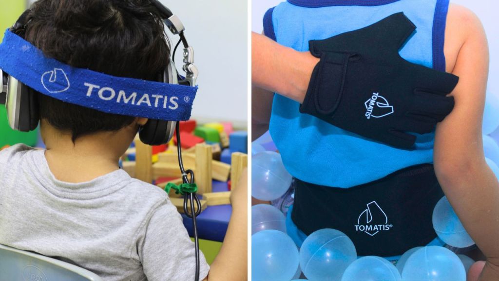 Collage de dos niños durante sesiones del Método Tomatis® en Integra Vidas: uno utilizando audífonos TalksUp® y otro con el Tomatis® Bone Conduction Kit.